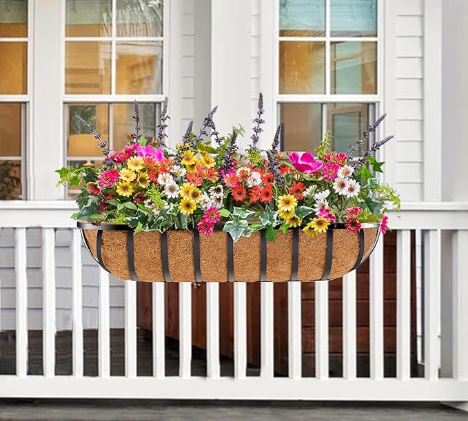 Y&M 24in Window Planter Box 2Pcs Iron Window Deck Railing Fence Planter with Coco Liner for Outdoor Balcony Rail Fence Porch Patio