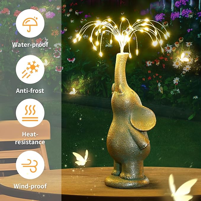 Roundot Elephant Statue Outdoor Solar Lights Garden Sculpture, 60 LED Chips Birthday Gift Women,Mothers,and Elders. Ornamental Piece for Balconies, Gardens, patios, courtyards, and lawns