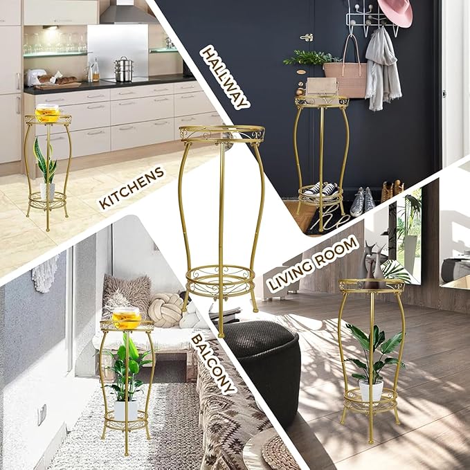 Kavlium Plant Stand Indoor Outdoor，Tall Gold Metal Rustproof Stable Plant Stands，2 Tier 27.1 inch Multiple Plant Rack Holder Rack Flower Pot Stand Heavy Duty Plant Shelf (Gold)