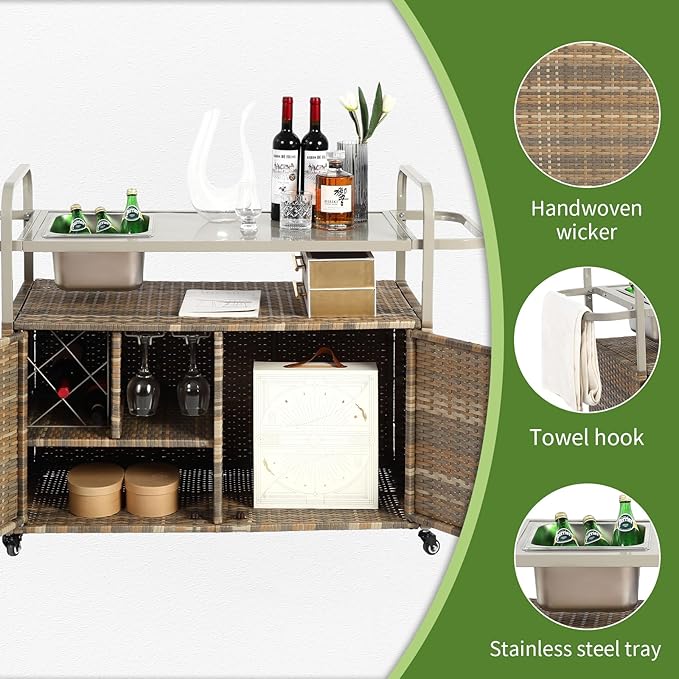 Outdoor Bar Cart with Cabinet, 51.57" Patio Serving Cart with Steel Top, Built-in Ice Bucket, Side Basket & Lockable Wheels for Garden, Backyard & Poolside, Beige