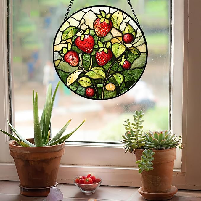 HWRHTR Stained Glass Window Hanging - Red Strawberry Suncatcher for Doors Window Home Green Plant Sun Catchers Decor Christmas Mother's Day Birthday Gifts for Teacher Women Men Mom Nana 15 in