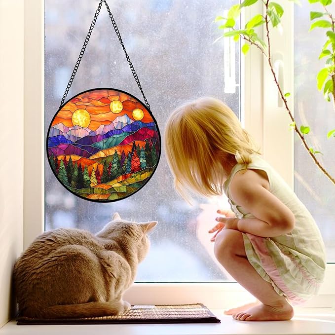 DASTOLL Stained Glass Window Hanging, Sunset Abstract Sun Catchers Colorful Glass Panel Landscape Suncatcher Decor for Birthday for Women, Men, Wife, Aunt, and Mom 11.8x11.8 in