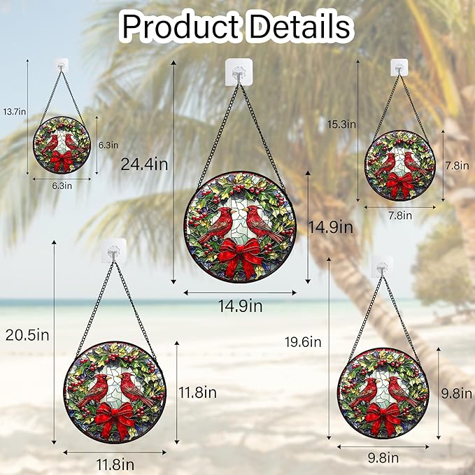 DASTOLL Stained Glass Window Hanging - Cardinals Green Wreath Suncatcher for Doors Home Christmas Decoration Red Bird Sun Catcher Thanksgiving New Year Birthday Gift for Women Men Mom Nana 14.9 in