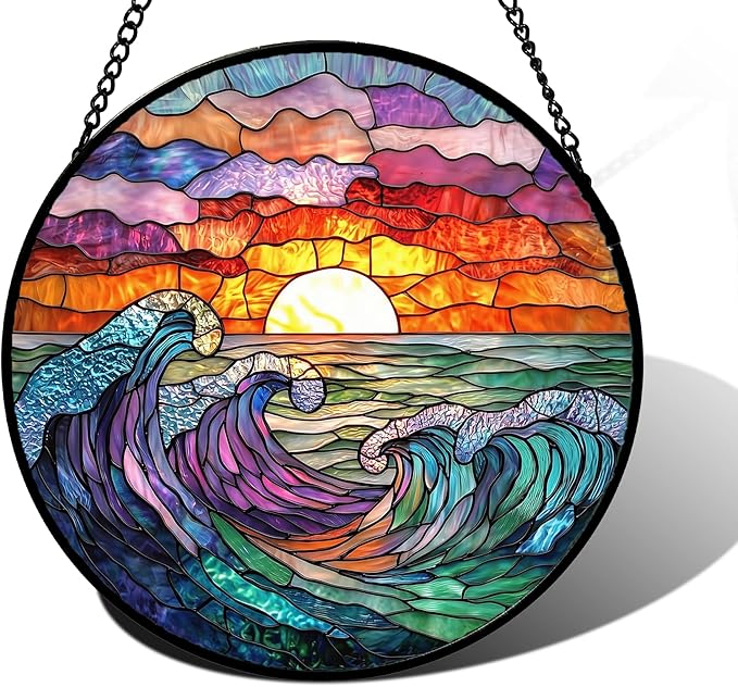 DASTOLL Stained Glass Window Hanging, Clouds and Sea Waves Suncatcher Diamond Glass Panel Hangings Scenery Sun Catchers Decor for Birthday for Women, Men, Wife, Aunt, and Mom 11.8 in