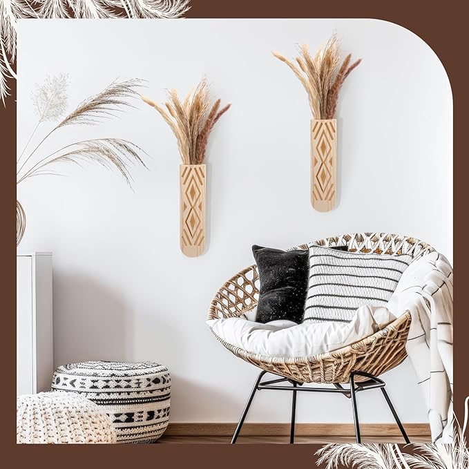 2 Pack Wooden Wall Planter Wooden Vase Set with Dried Reed Flowers Boho Wall Decor Indoor Farmhouse Decor for Entryways Hallways Bathrooms Living Rooms and Dining Rooms(Natural Wood Color)