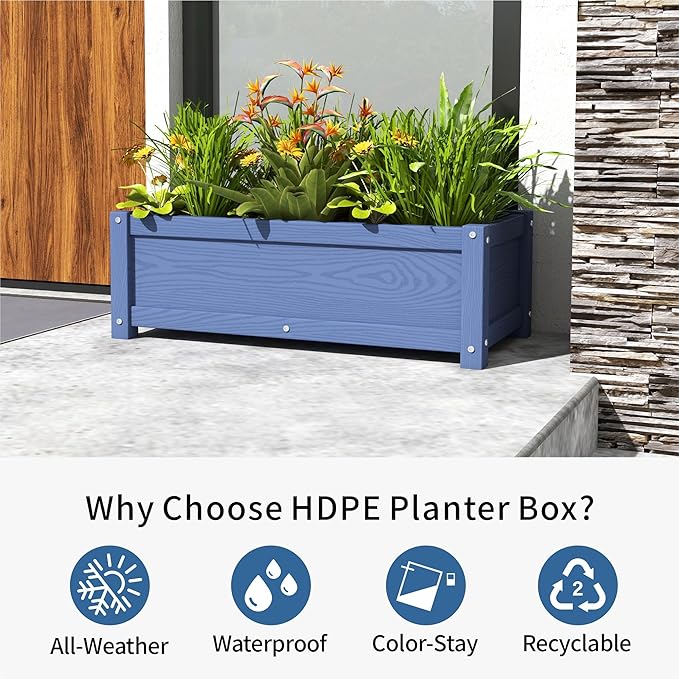 HDPE Planter Box, All-Weather Outdoor Garden Bed Easy to Assemble, Drainage System, Low Maintenance, Non-Fading, for Flower/Herb/Seed (Navy)