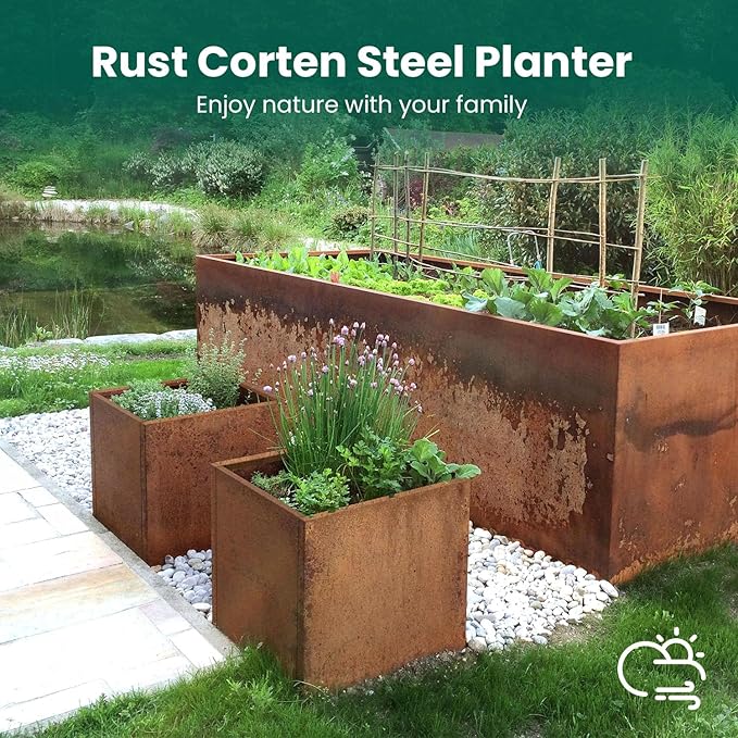 GZGNEEVL Corten Steel Planter Box Metal Outdoor Large Rectangular Rustic Durable Antique Detached for Commercial Residential Patio Deck and Backyard 17" x 17" x 18"