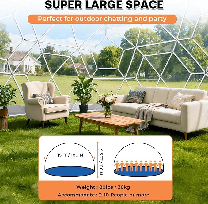 Garden Dome Tent 12*7.2FT, 360° View Geodesic Dome Greenhouse with PVC Clear Cover, Waterproof Garden Bubble Dome Tent House with 2 x 10M Light Strings for Outdoor, White