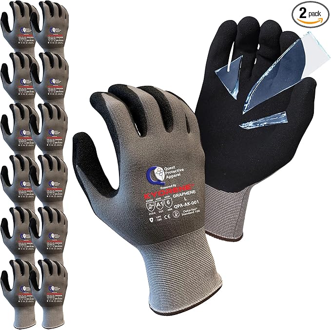 Quest Protective Apparel Cut Resistant Work Gloves (ANSI A1) – Lightweight Graphene Gloves for Gardening,DIY, Mechanical & General Handling – Breathable Grip Gloves for Men & Women – Large, Pack of 12