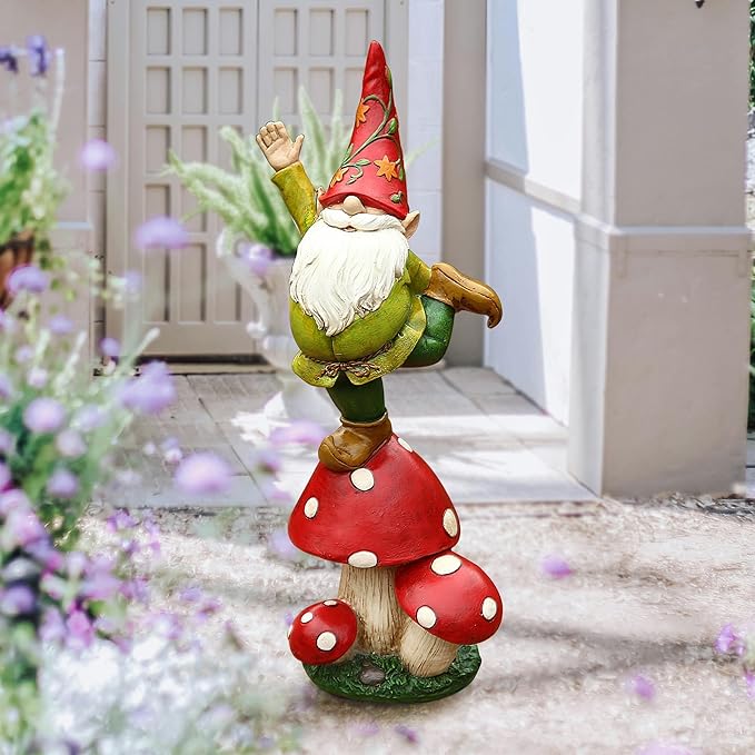 DUSVALLY Gnomes Statue and Garden Resin Statue Dwarf Standing on Mushroom, Outdoor Decoration for Patio Yard Lawn Porch, Spring Decor Housewarming 13" H