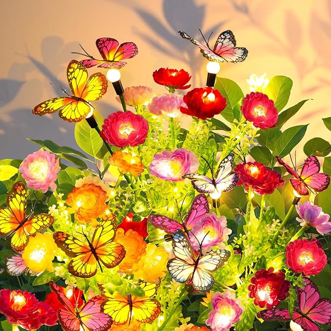 GARPAR Solar Garden Lights, 6 Pack Swaying Solar Lights with 18 Butterflies & 42 Blooming Flowers, Solar Flowers Lights Outdoor Waterproof, Solar Outdoor Lights for Yard Patio Garden Decor, Gift