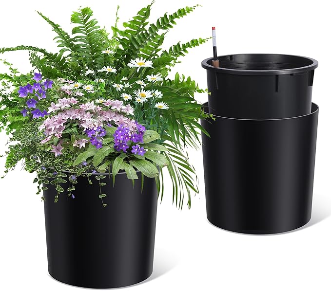 Set of 2 Tall Planters for Outdoor Plants, 20" Large Planter Pots with Drainage Holes & Water Level Monitor, Self-Watering Flower Pots for Patio, Porch, Garden, Front Door Decor, Indoor Outdoor