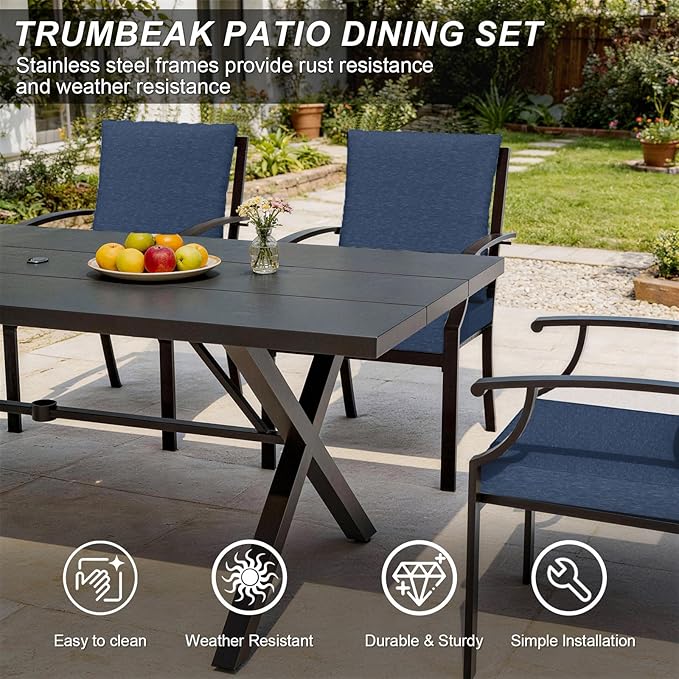 10-Pieces Patio Conversation Set,Metal Outdoor Furniture Set Includes 13.6FT Navy Umbrella,Hole Cut-Out 78.7" x 35.4" Table and 8 Metal Backrest Chairs for Backyard,Garden,Navy