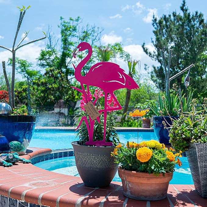 RealSteel Pink Flamingo Yard Decorations – Set of 3 Metal Flamingo Garden Statues, Outdoor Lawn & Front Yard Decor, Weatherproof Steel Yard Art, Flamingo Gifts for Women, Christmas & Summer Garden