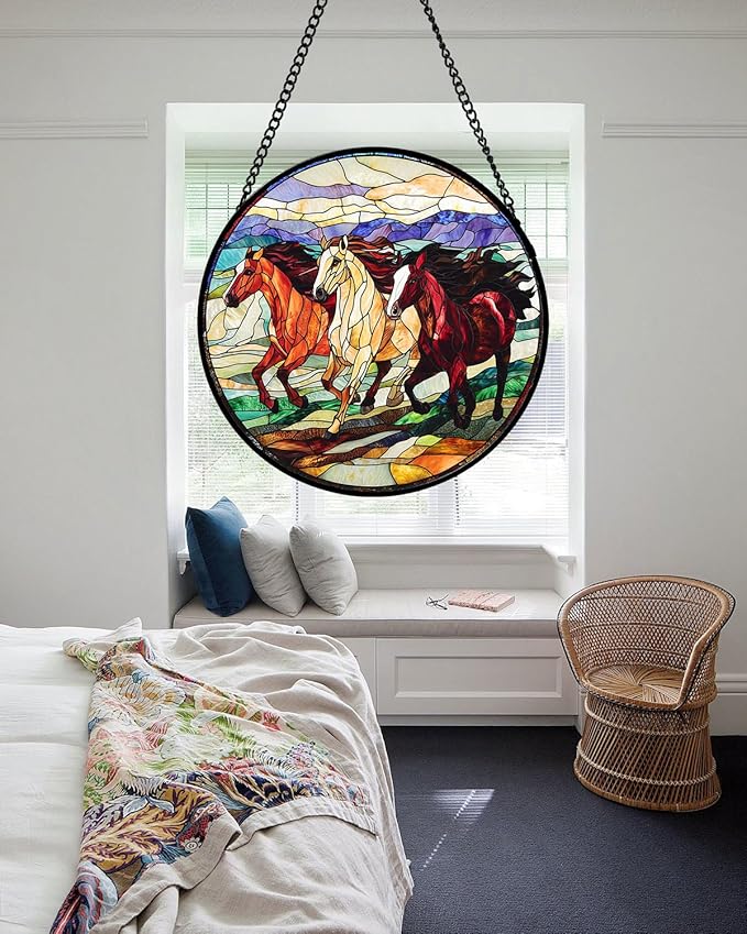AMDERVEN Stained Glass Window Hanging, Galloping Horses Sun Catcher for Door Home Decor Colorful Suncatcher Christmas Mother's Day Birthday Gifts for Women Men Mom and Nana 6.3 in