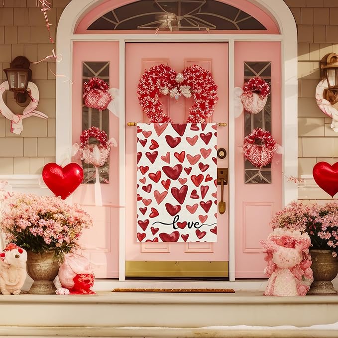 Valentine’s Day Watercolor Red Love Hearts House Flag Big Large Burlap 28X40 Inch Vertical Double Sided Outside Yard Holiday Outdoor Farmhouse Decoration