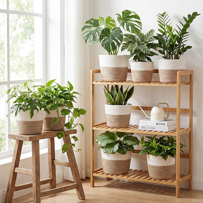 4 Pcs Cotton Rope Plant Baskets Indoor Woven Flower Baskets with Plastic Liner, Plant Planter for Indoor Outdoor Spring Rustic Boho Home Farmhouse Floor Potted Pots Decor