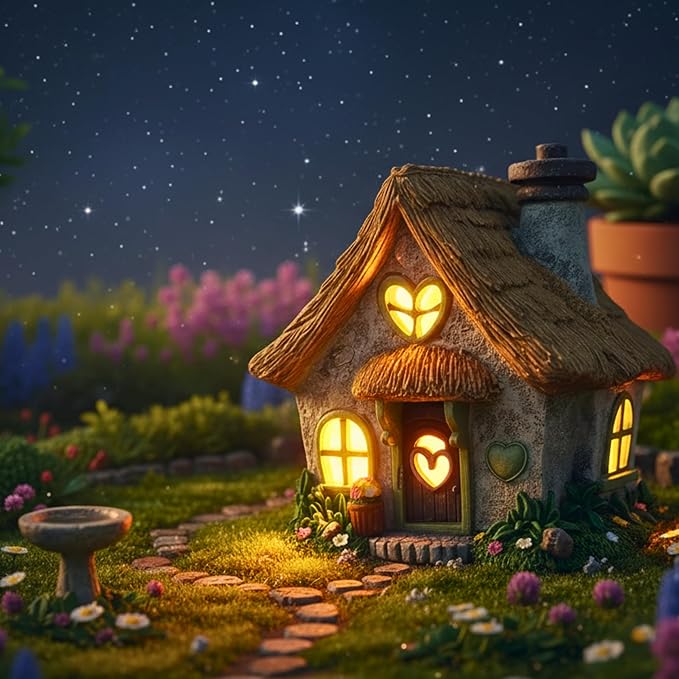 PRETMANNS Fairy House for Outside with Solar Powered LED Lights for Garden - Fairy Garden Houses for Outdoor - Miniature Accessories for Cottage Decor for Village - 7.56” High, Green