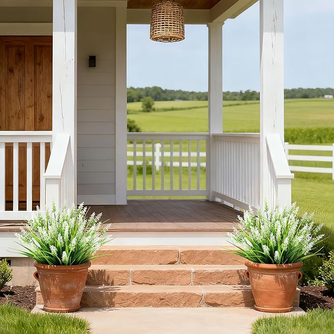 16 Bundles Artificial Plants Outdoor, UV Resistant Fake Lavender & Monkey Grass, Realistic Plastic Faux Plants for Balcony, Patio, Porch Greenery Decor, Planter Filler(White)