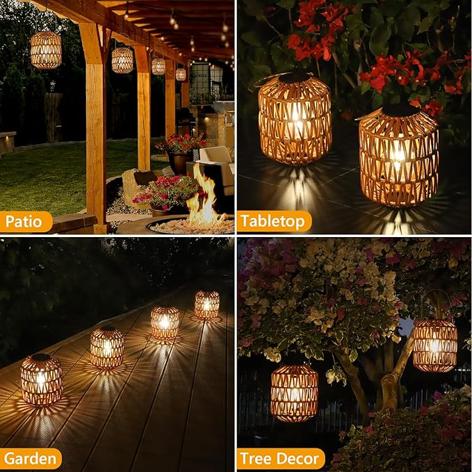 Rattan Solar Lights, 4 Pack Solar Lanterns Outdoor Waterproof, Outdoor Lights for Yard, Hanging Lantern with Handle, Decorative Lanterns for Garden, Tabletop, Tree Lighting (Bulbs Included)