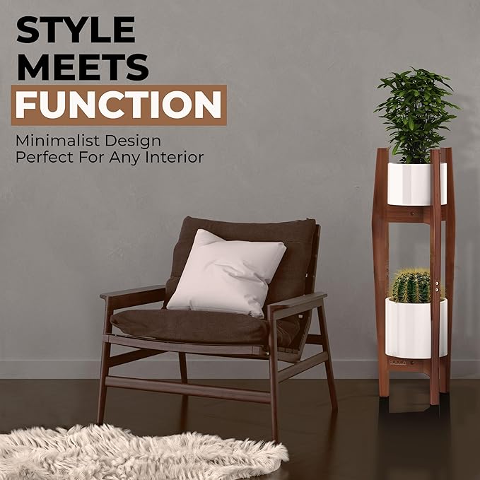 ROCCA 2-Tier Adjustable Width 8" to 12" Stackable Bamboo Tall Plant Stand Indoor, Corner Wood Plant Stand, Wooden Plants Holder, Plants Stands Indoor, Modern Pedestal Tables for Multiple Pots