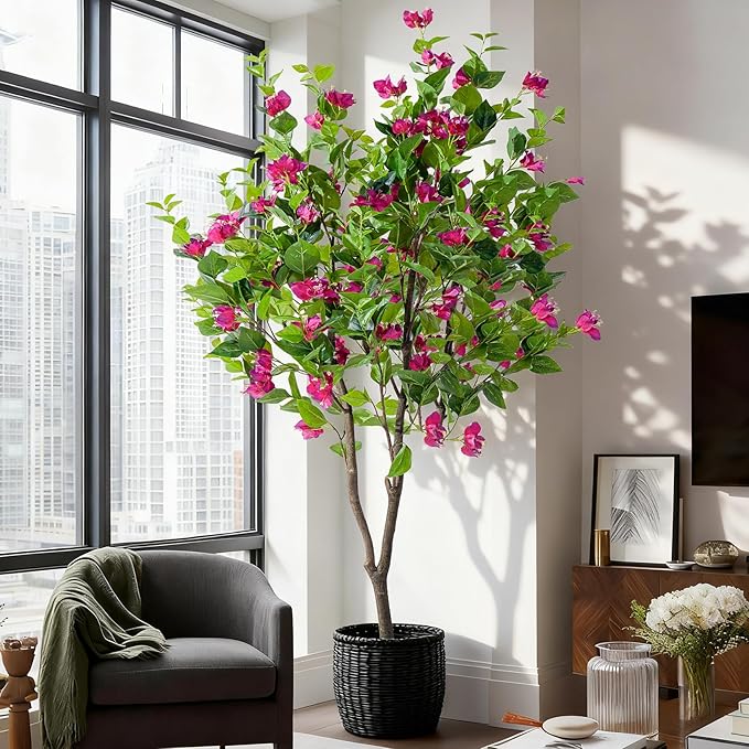 6FT Artificial Bougainvillea Tree Artificial Tree Tall Potted Fake Bougainvillea Trees for Outdoor Indoor Lifelike Potted Faux Plants with Wood Trunk and Flowers Office Wedding Home Decor