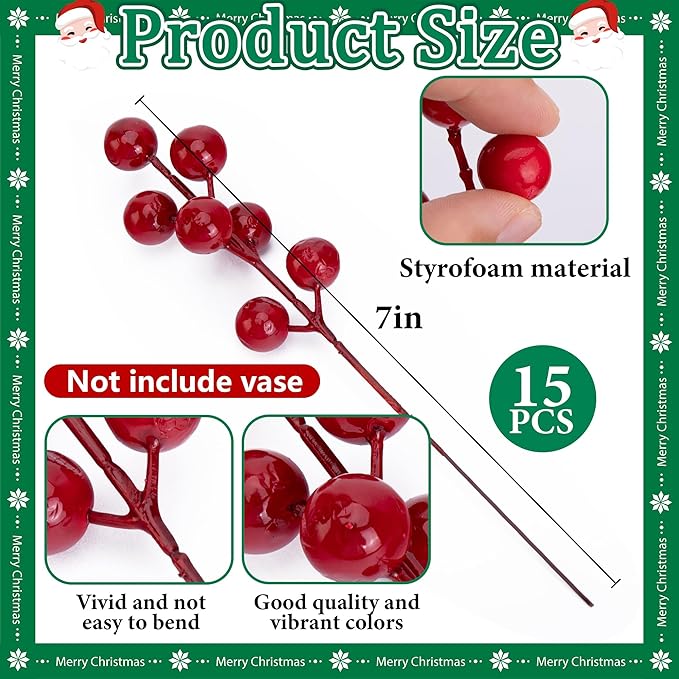 Watayo 60 Pcs Christmas Artificial Pine Branches with Red Berry Stems, 10.5" Faux Evergreen Norfolk Pine Cypress Leaves Stems, Fake Foliage Pine Needles Picks for DIY Craft Garland Home Decor