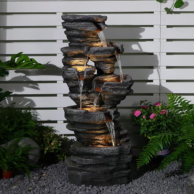 42.5" H Garden Outdoor Water Fountain with LED Lights & Pump, Mutiply-Tier Cascading Outdoor Fountain Suitable for Garden/Patio/Yard/Deck/Balcony and Home Art Decor（Resin）