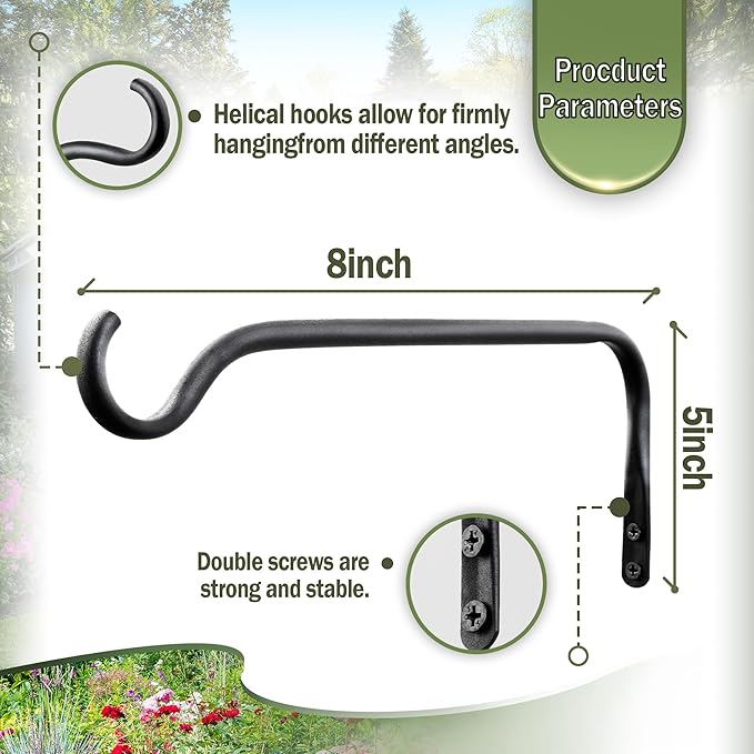 Lifyzoon Durable Plant Hangers Brackets: 2 Pack 8 Inch Outdoor Metal Hanging Plant Brackets - Rustproof Wall Hooks for Hanging Flower Basket Bird Feeders Wind Chimes and Lanterns