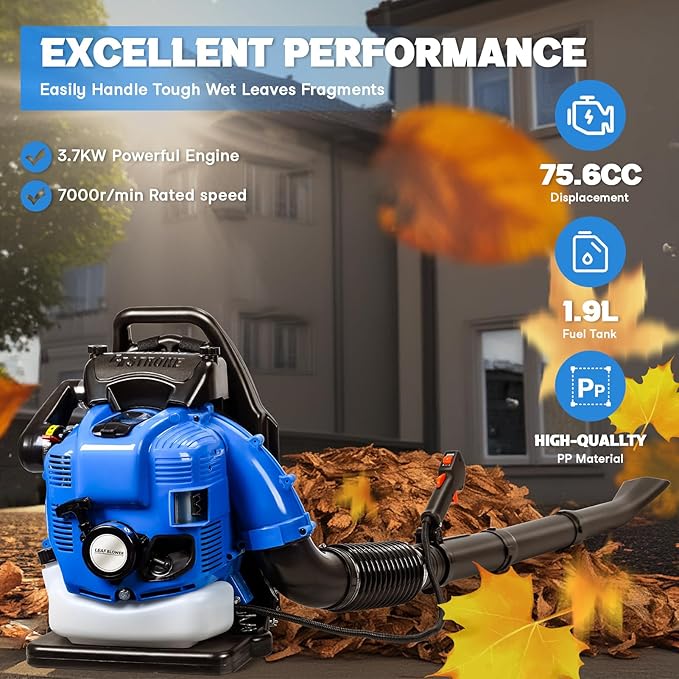 75.6CC Backpack Leaf Blower, 750CFM 205MPH 4-Stroke Engine Gas Leaf Blower Back Pack Leaf Blowers Gas Leaf & Snow Blower for Lawn, Garden & Commercial Use Blue BBX9900