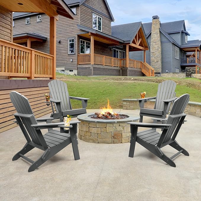 FUNBERRY Folding Adirondack Chair, All Weather HDPE Fire Pit Chairs with Cup Holder for Outdoor
