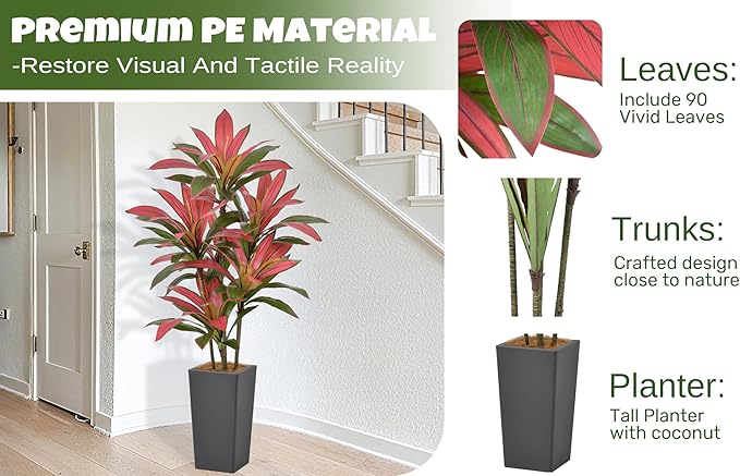 Roselywed Artificial Red Dracaena Tree 5FT with 90 Leaves & 6 Heads & Gray Tall Planter Cover with Coconut Fiber Tall Faux Tropical Silk Bicolor Plant 60 Inch for Indoor Home Office Porch Mall Decor