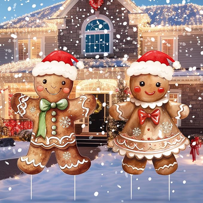 Nuanchu 2 Pcs Metal Gingerbread Yard Signs Christmas Yard Sign Stake 26.0 Inches Waterproof Gingerbread Boy and Girl Lawn Signs Christmas Outdoor Decorations for Outside Xmas Garden Holiday Decor
