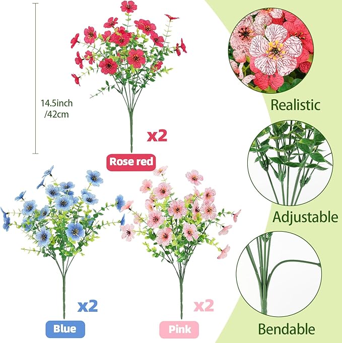 Artificial Spring Flowers Outdoors UV Resistant Plastic Flowers Outdoors Faux Flowers Fake Plants Outside for Garden Porch Planters Silk Flowers Daisy Decor, 6 Bundles (Mix Rose Red Blue Pink)