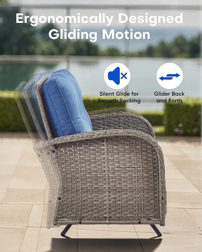 7 Pieces Patio Furniture-Patio Swivel Chairs Set of 2 Outdoor Glider Bench Rocking Chair with Patio Ottomans Patio Conversation Sets for Deck Porch Garden Balcony Poolside-Grey/Blue