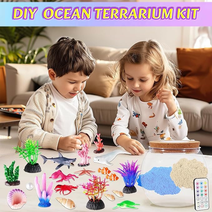 Hannstar Ocean Light Up Terrarium Kit for Kids - Sea Animal Toys LED Night Light Ocean Shark Birthday Gift for Boys & Girls Ages 4 5 6 7 8-12, Kids Arts & Crafts Kit