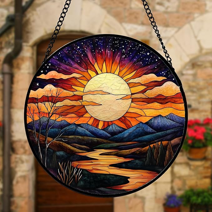 DASTOLL Stained Glass Window Hanging, The Sun Shines Brightly on Lake Sun Catchers Colorful Glass Panel Suncatcher Decor for Birthday for Women, Men, Wife, Lovers, and Mom 11.8x11.8 in