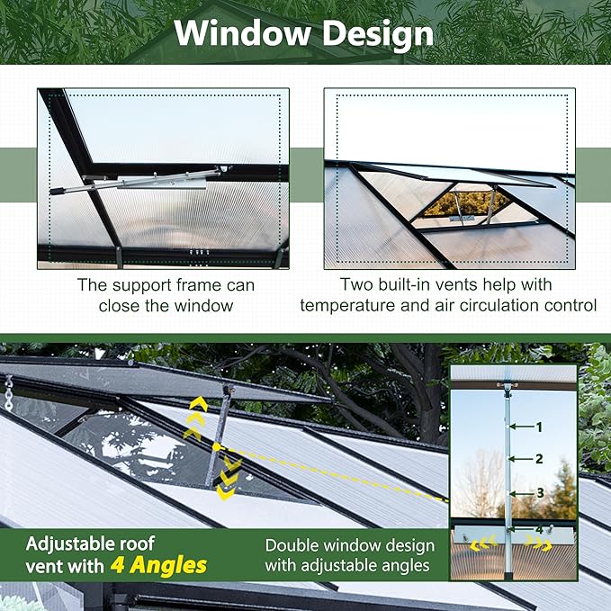 8x12 FT Greenhouses for Outdoor, Heavy Duty Polycarbonate Greenhouse,Large Walk-in Garden Green House with Double Doors and Two Ventilation Windows for Outside, Backyard,Black