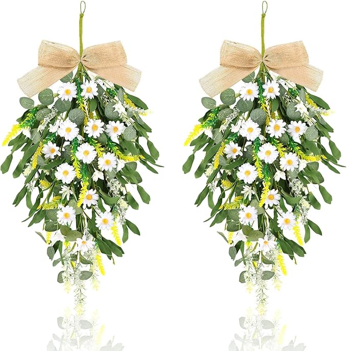 2 Pcs 24" Artificial White Daisy Teardrop Wreath Swag Spring Summer White Floral Hanging Swags Wreath for Kitchen Cabinet Doors Window Wall Wedding Party Home Decor
