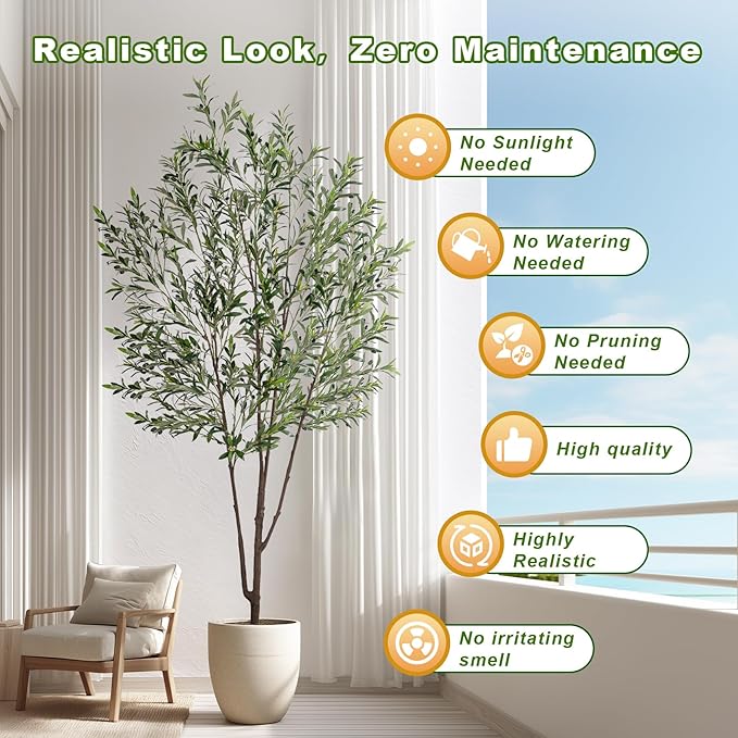 8FT Artificial Olive Tree Artificial Olive Plants, Tall Faux Olive Tree Faux Silk Plant Fake Plant Ultra-Realistic Silk Leaves & Natural Trunk Indoor Outdoor Use