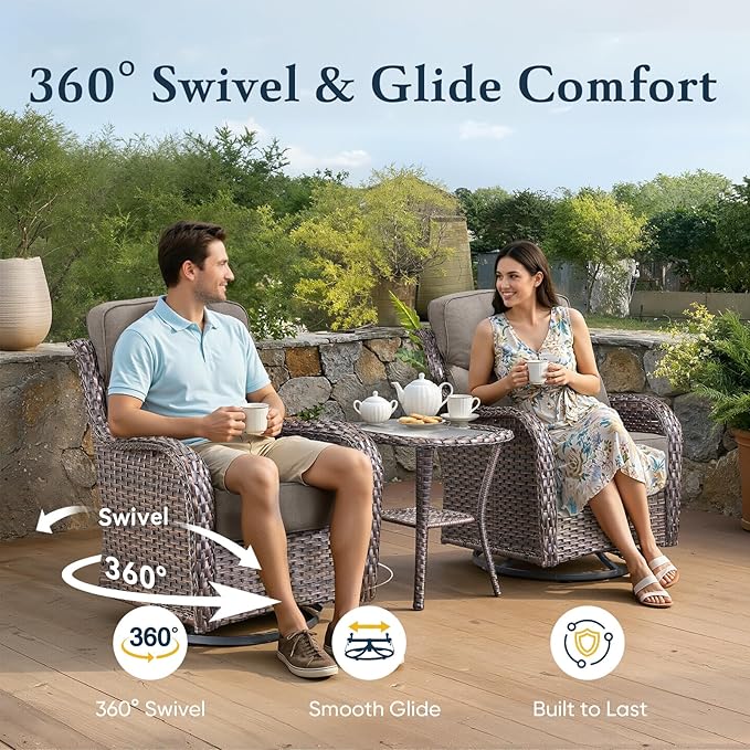 Belord Luxury 6" Thick Cushioned 5 Pieces Patio Furniture Set with Fire Pit Table, Wicker Outdoor Conversation Set with High Back Swivel Rocker Chairs for Deck Porch Yard and Poolside - Brown+Grey