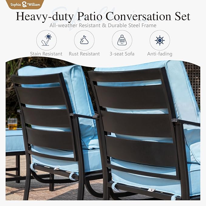 Sophia & William Patio Furniture Sets for 5 Outdoor Metal Conversation Sets 5 Pcs with 2 x Cushioned Swivel Sofa Chairs, 2 x Ottomans as Coffee Table, 1 x 3-Seat Sofa, Lawn Backyard Poolside Blue