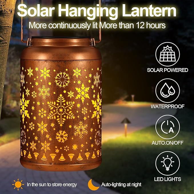 Solar Lanterns Outdoor, Waterproof Hanging Metal Solar Lanterns LED Decoration for Garden, Yard, Patio - Perfect Birthday Gifts for Women Mom Grandma(Snowflakes)