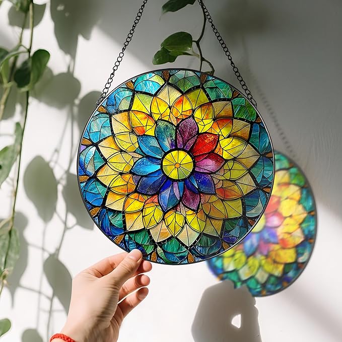 LAOWEIKI 8'' Rainbow Mandala Sun Catcher Ornament, Stained Glass Window Hanging, Sun Catchers for Windows Hanging Ornaments, Window Decor, Ideal Gift | Colorful Spiritual Gifts for Her