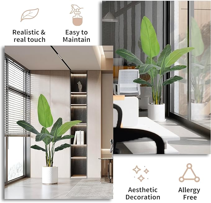 Bird of Paradise Plant Artificial 5ft,Faux Plants Indoor with White Planter,Fake Tree with Lifelike Leaves,The Perfect Indoor Silk Floor Plant for Home、Hallway and Office Decor