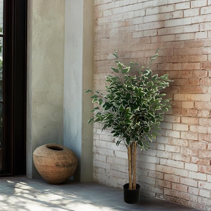 XBrand 47.2-Inches Two-Tone Variegated Artificial Ficus Tree in Pot for Indoor Outdoor Home Office Store, Great Housewarming Gift