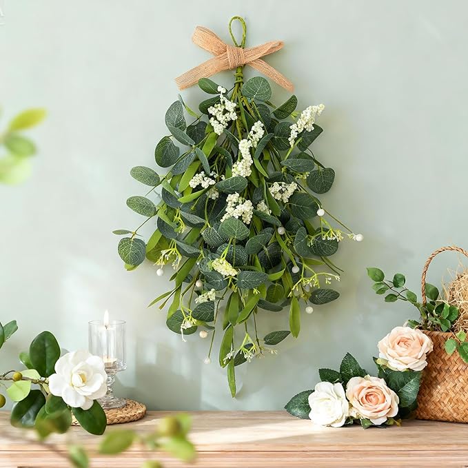 2 PCS 24'' Eucalyptus Wreaths for Front Door Artificial Greenery Teardrop Swags Spring Summer Green Swag Farmhouse Hanging Swags with Berry Ribbon for Wedding Home Outdoor Wall Cabinet Party Decor