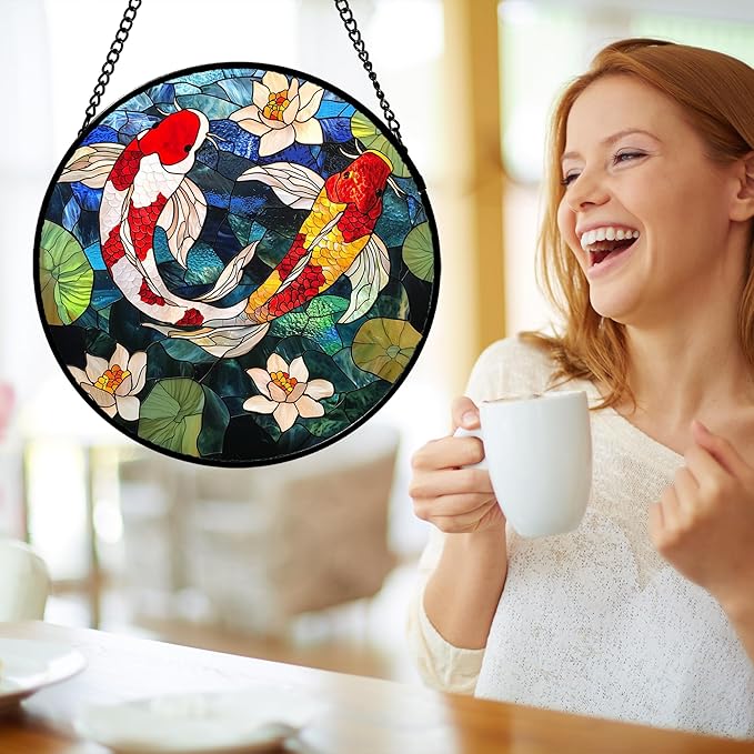 AMDERVEN Stained Glass Window Hanging, Koi and Lotus Sun Catcher for Door Home Decor Fish Suncatcher Christmas Mother's Day Birthday Gifts for Women Men Mom and Nana 6.3 in