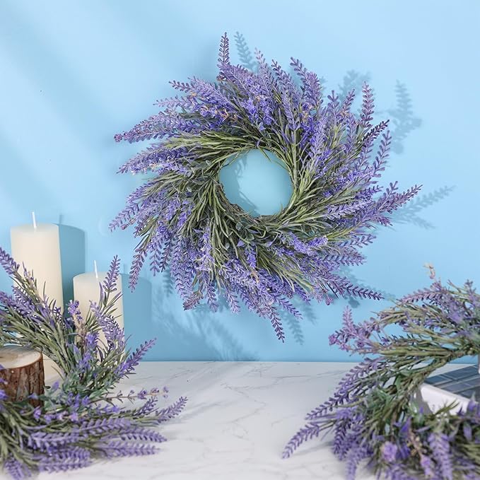 4 Pcs Lavender Candle Rings Wreaths Mini Purple Wreath Table Centerpieces 3 Inch Floral Wedding Ring Wreaths Pillar Lavender Candle Holder for Spring Summer Home Door Party Decoration