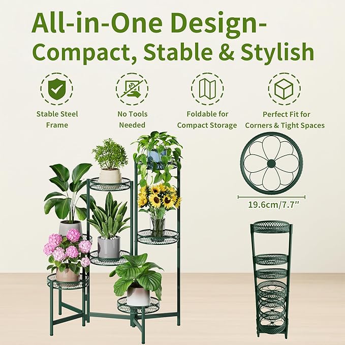 NQW 7 Tier Metal Corner Plant Stand Indoor Outdoor, Folding Tall Plant Rack, Heavy Duty Wrought Iron Flower Pot Stand, Planter Display Rack for Living Room Balcony Garden Patio - GreenFlower